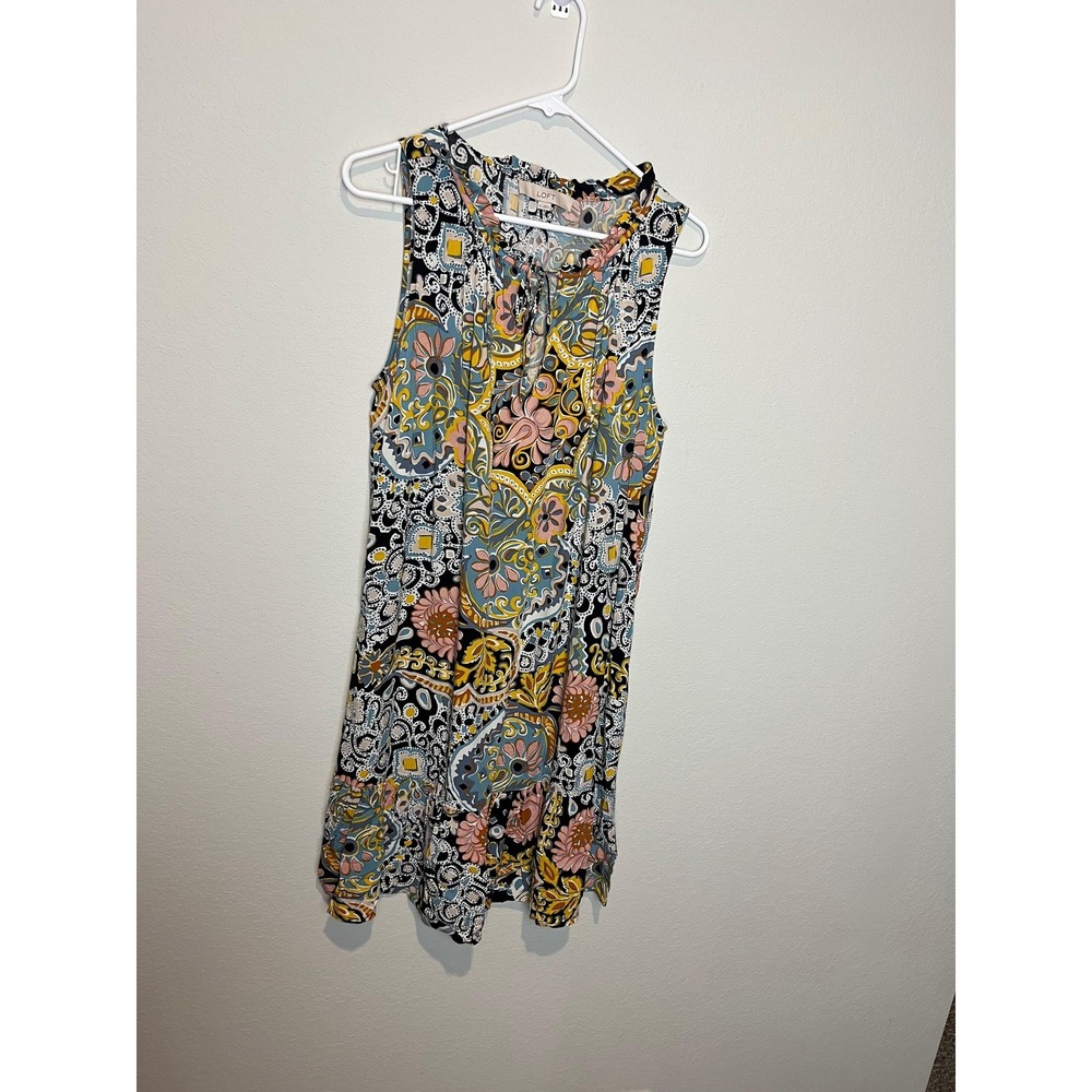 LOFT Dress Womens M Floral Print Ruffle Neck Sleeveless Shift Boho Knee Length